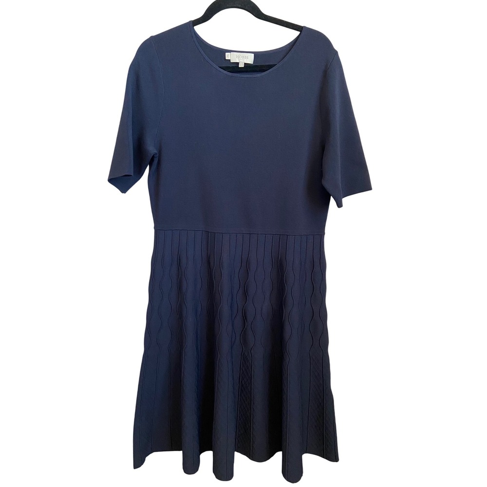 Hobbs London Navy Blue Knit‎ Fit Flare Dress UK 18 US 14 Pleated Skirt